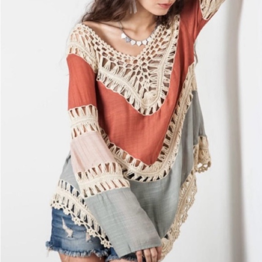 Boho coverup/top in rust, blue, cream Size Small